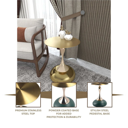 Savoy Wide Side Table with Gold Stainless Steel Top Round Accent Table and Elegant Pedestal Base - Elax Furniture