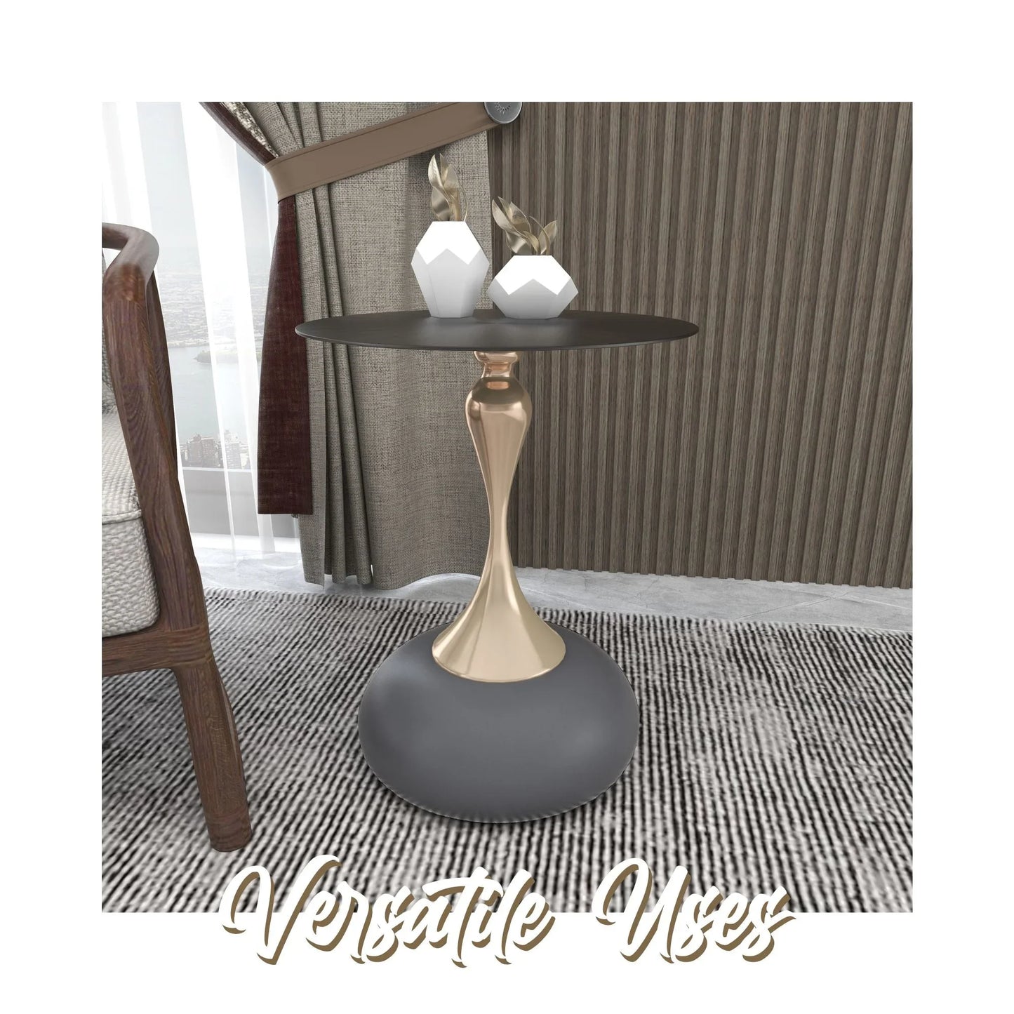 Savoy Wide Side Table with Stainless Steel Top Round Accent Table and Elegant Pedestal Base - Elax Furniture