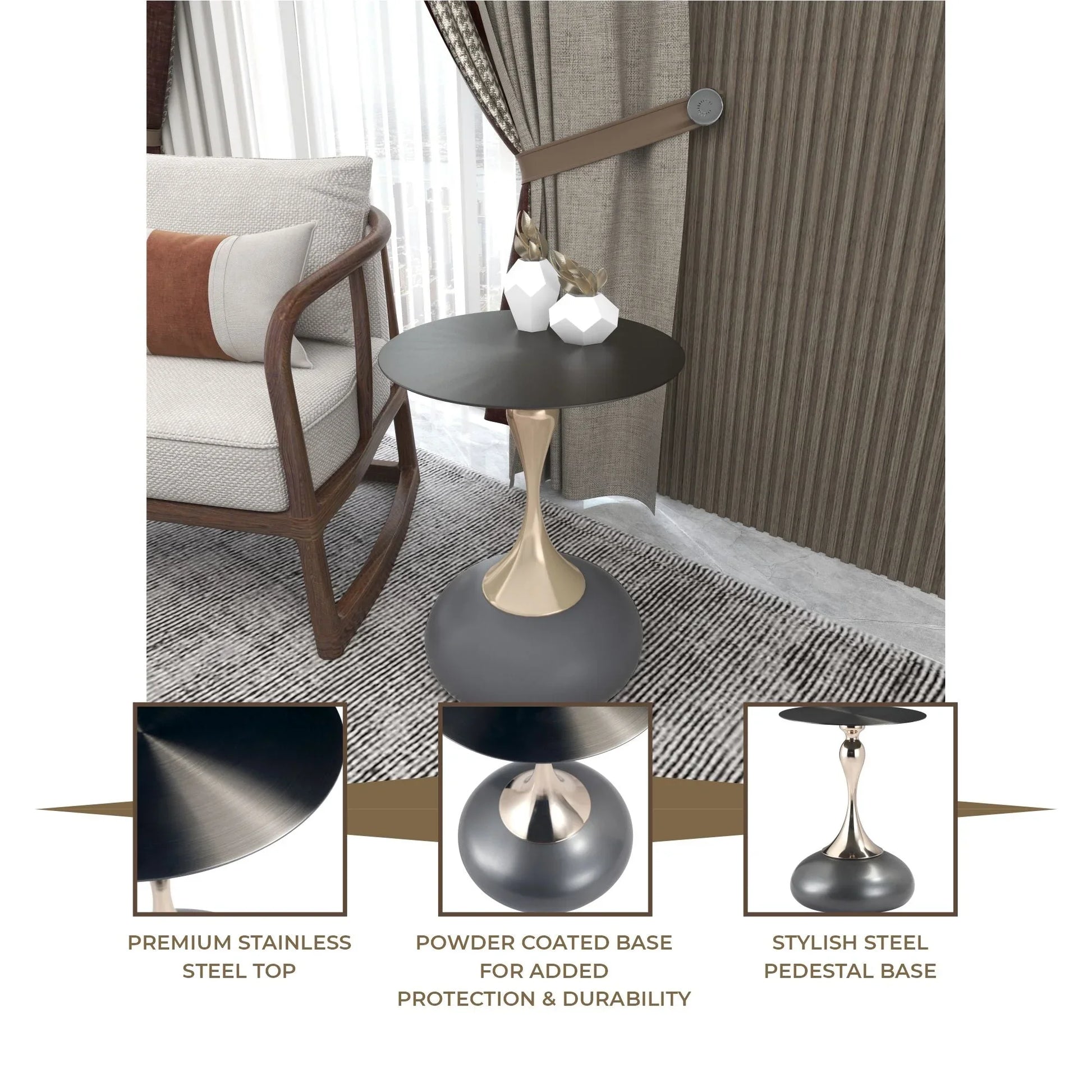 Savoy Wide Side Table with Stainless Steel Top Round Accent Table and Elegant Pedestal Base - Elax Furniture