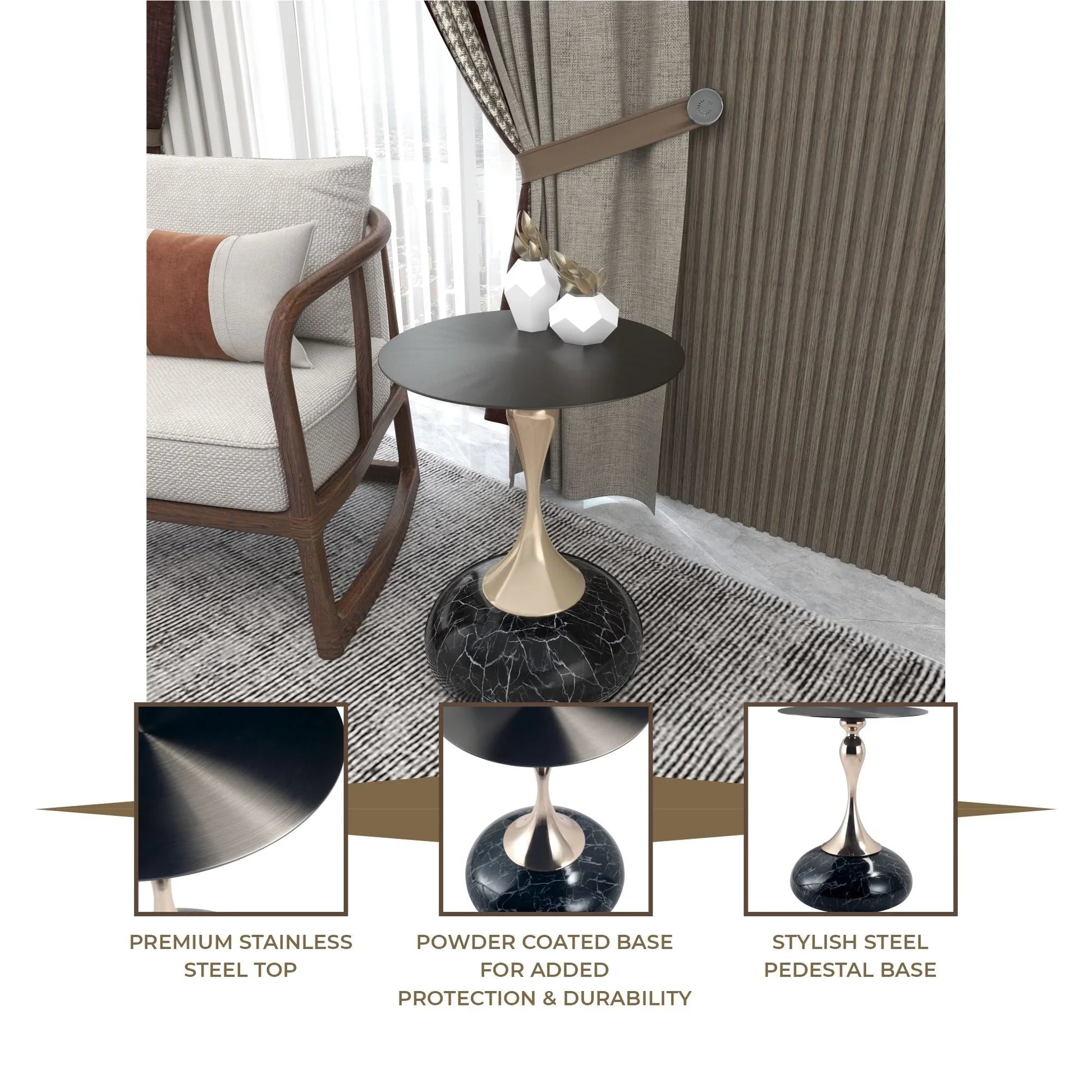 Savoy Wide Side Table with Stainless Steel Top Round Accent Table and Elegant Pedestal Base - Elax Furniture