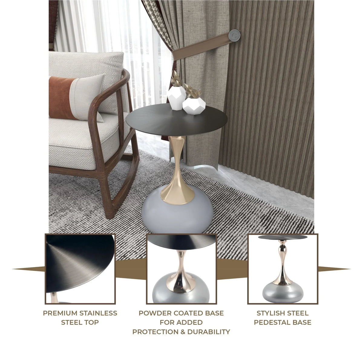 Savoy Wide Side Table with Stainless Steel Top Round Accent Table and Elegant Pedestal Base - Elax Furniture