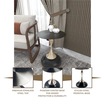 Savoy Wide Side Table with Stainless Steel Top Round Accent Table and Elegant Pedestal Base - Elax Furniture