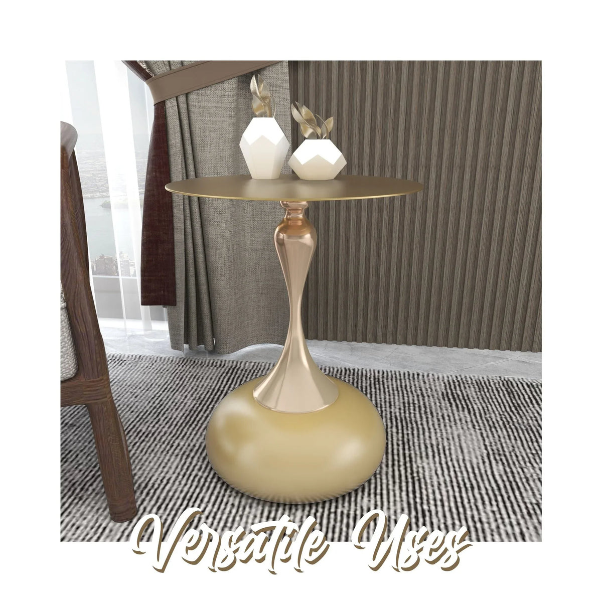 Savoy Wide Side Table with Gold Stainless Steel Top Round Accent Table and Elegant Pedestal Base - Elax Furniture