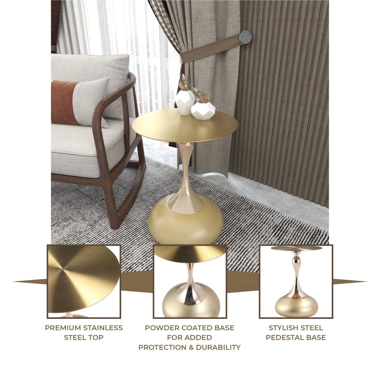 Savoy Wide Side Table with Gold Stainless Steel Top Round Accent Table and Elegant Pedestal Base - Elax Furniture