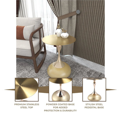 Savoy Wide Side Table with Gold Stainless Steel Top Round Accent Table and Elegant Pedestal Base - Elax Furniture