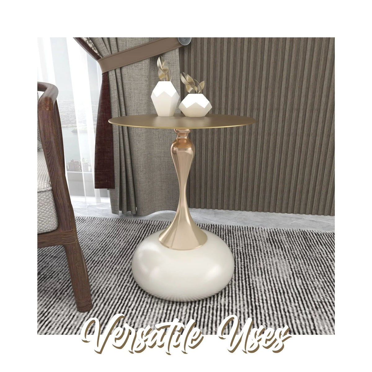 Savoy Wide Side Table with Gold Stainless Steel Top Round Accent Table and Elegant Pedestal Base - Elax Furniture