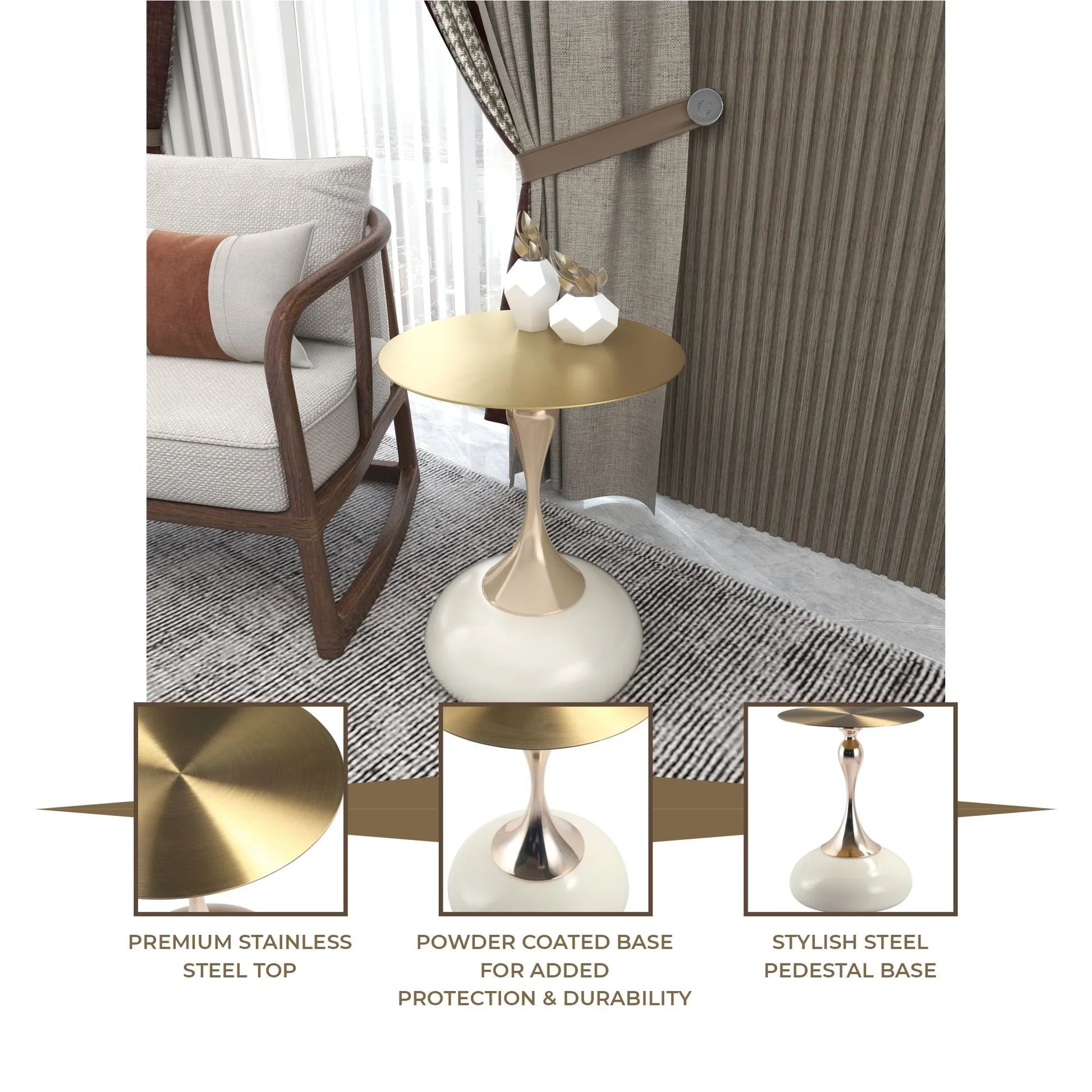 Savoy Wide Side Table with Gold Stainless Steel Top Round Accent Table and Elegant Pedestal Base - Elax Furniture