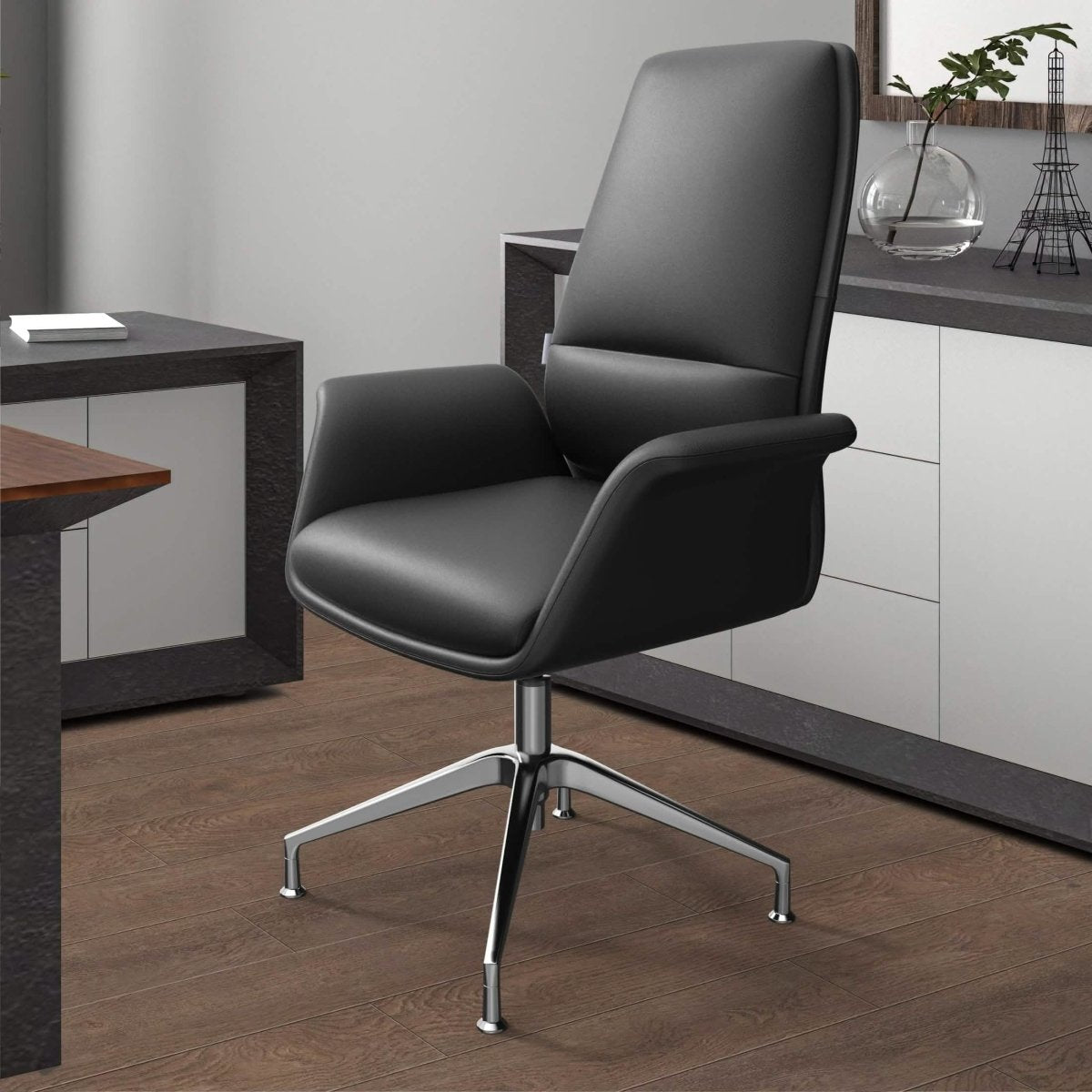 Summit Office Chair in Leather and Aluminum Frame with Adjustable Height and Swivel Black Office Chair Leisuremod