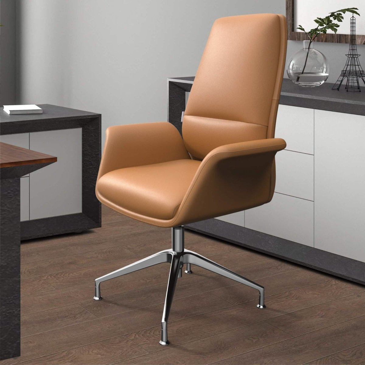 Summit Office Chair in Leather and Aluminum Frame with Adjustable Height and Swivel Acorn Brown Office Chair Leisuremod