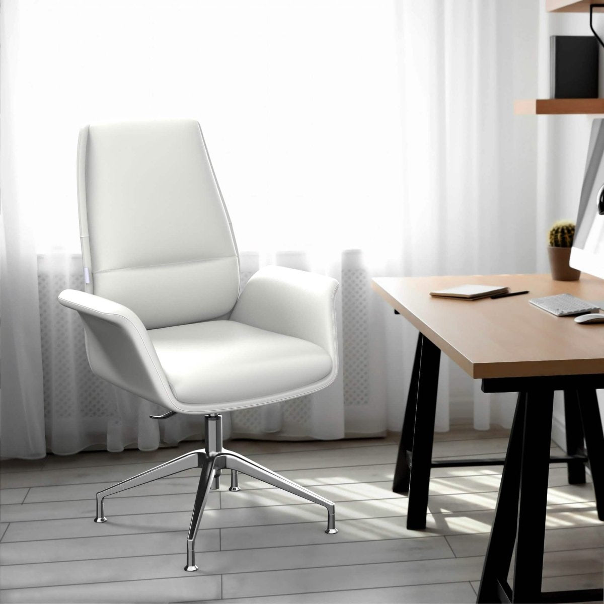 Summit Office Chair in Leather and Aluminum Frame with Adjustable Height and Swivel White Office Chair Leisuremod