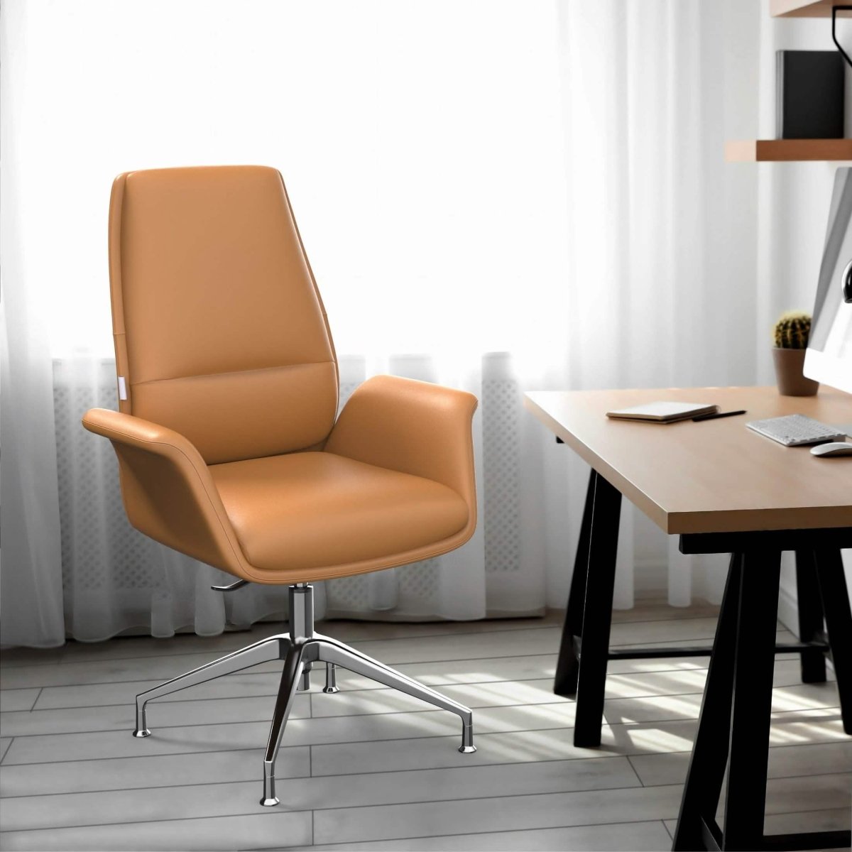 Summit Office Chair in Leather and Aluminum Frame with Adjustable Height and Swivel Acorn Brown Office Chair Leisuremod