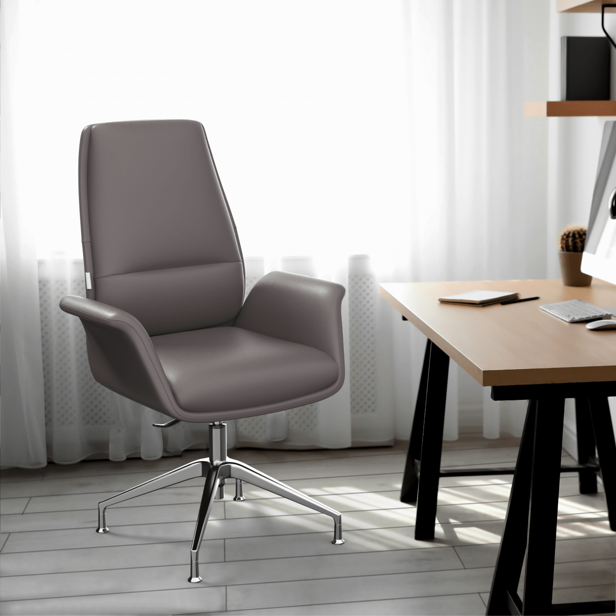 Summit Office Chair in Leather and Aluminum Frame with Adjustable Height and Swivel Grey Office Chair Leisuremod