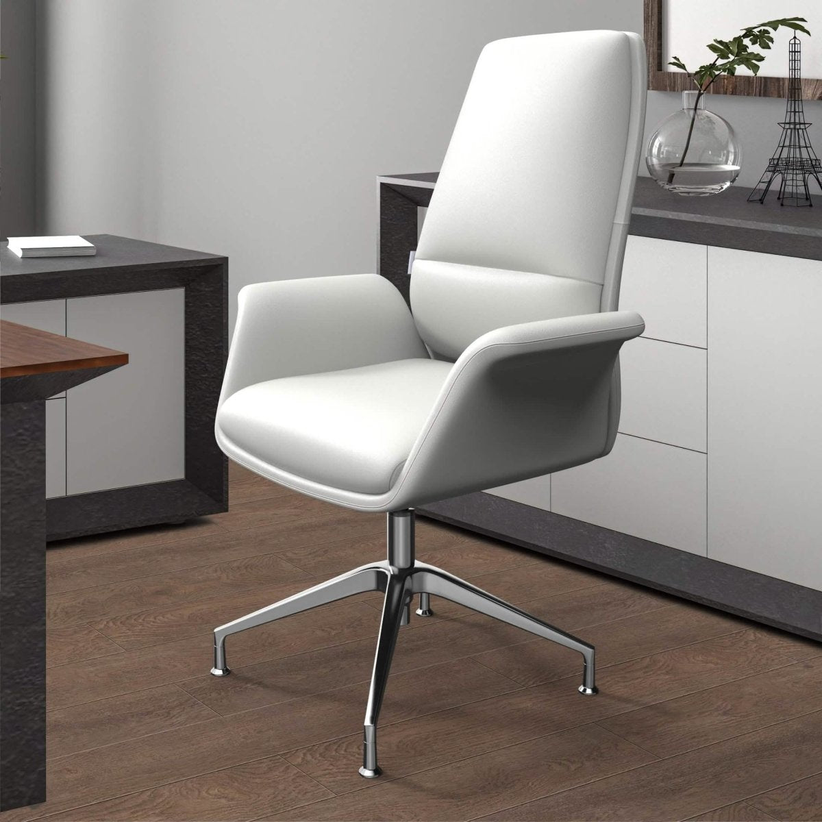 Summit Office Chair in Leather and Aluminum Frame with Adjustable Height and Swivel White Office Chair Leisuremod