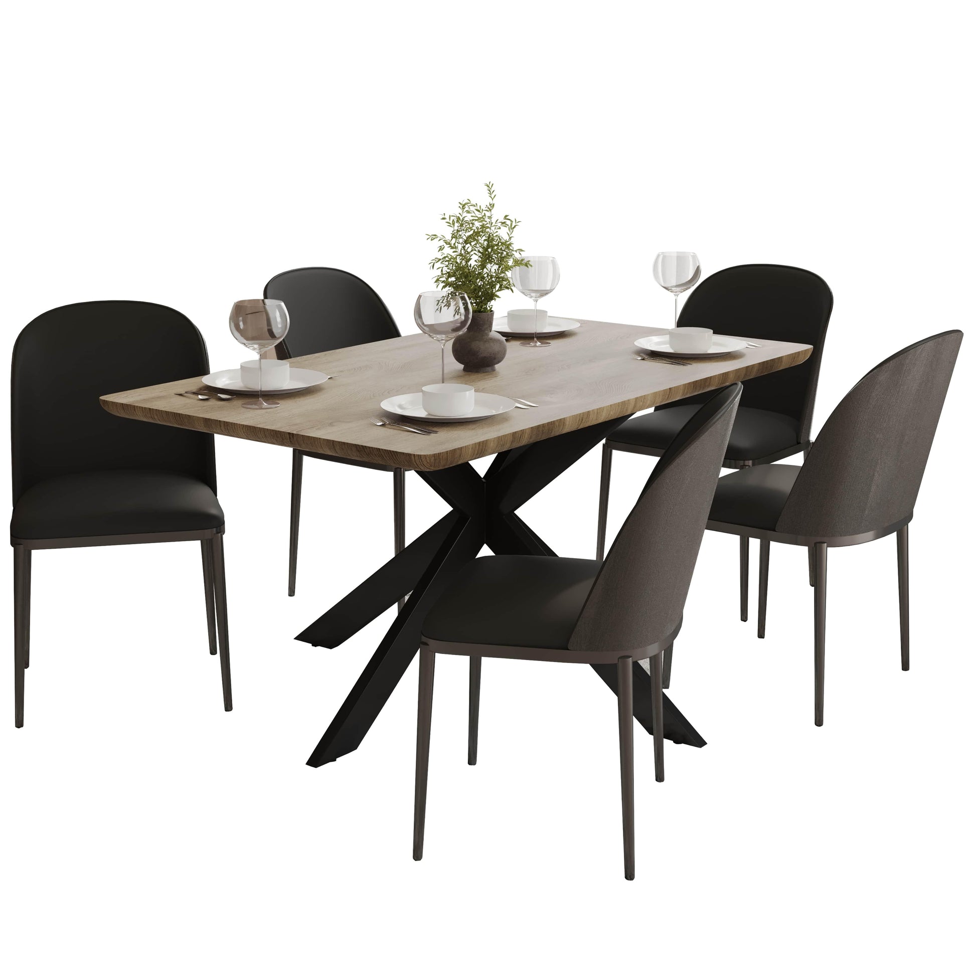 Ravenna 6-Piece Dining Set with 63" Rectangular Dining Table in Natural Wood MDF and 5 Leather/Fabric/Suede Fabric Dining Chairs - Elax Furniture
