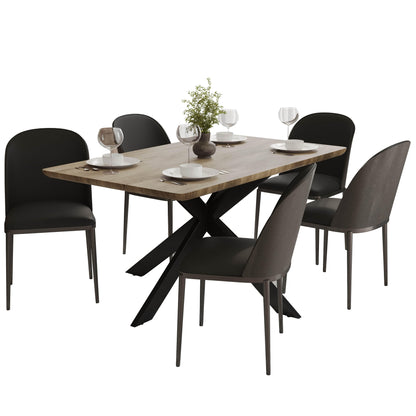 Ravenna 6-Piece Dining Set with 63" Rectangular Dining Table in Natural Wood MDF and 5 Leather/Fabric/Suede Fabric Dining Chairs - Elax Furniture