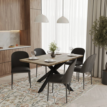 Ravenna 6-Piece Dining Set with 63" Rectangular Dining Table in Natural Wood MDF and 5 Leather/Fabric/Suede Fabric Dining Chairs - Elax Furniture