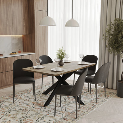 Ravenna 6-Piece Dining Set with 63" Rectangular Dining Table in Natural Wood MDF and 5 Leather/Fabric/Suede Fabric Dining Chairs - Elax Furniture