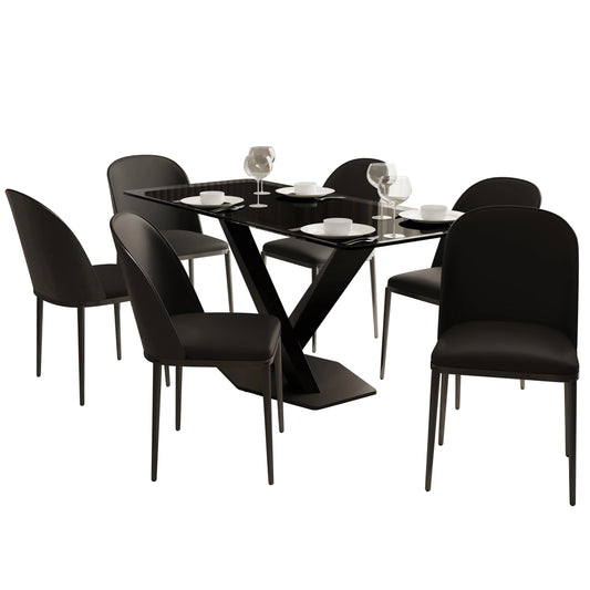 Voren 7-Piece Dining Set with 55" Rectangular Dining Table in Black Glass Top and 6 Leather/Velvet/Suede Fabric Dining Chairs - Elax Furniture