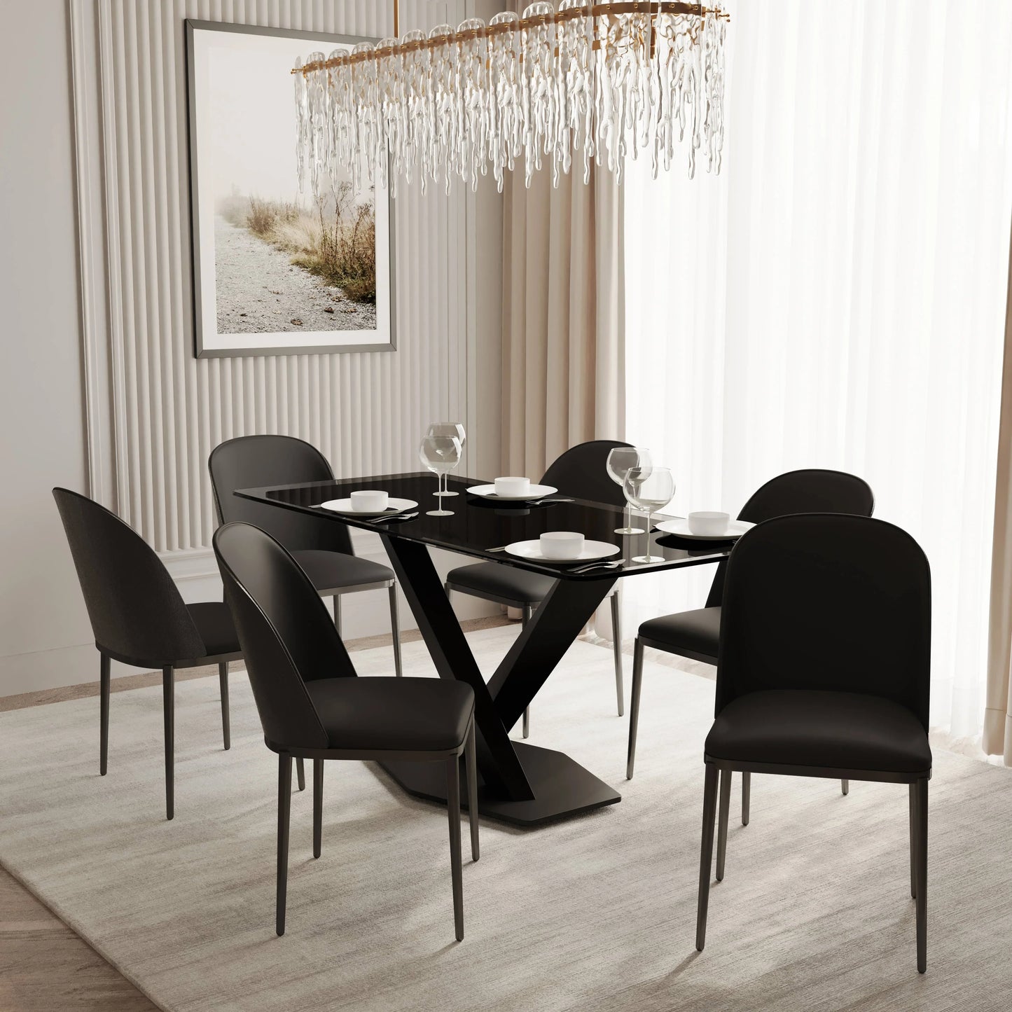 Voren 7-Piece Dining Set with 55" Rectangular Dining Table in Black Glass Top and 6 Leather/Velvet/Suede Fabric Dining Chairs - Elax Furniture