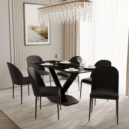 Voren 7-Piece Dining Set with 55" Rectangular Dining Table in Black Glass Top and 6 Leather/Velvet/Suede Fabric Dining Chairs - Elax Furniture