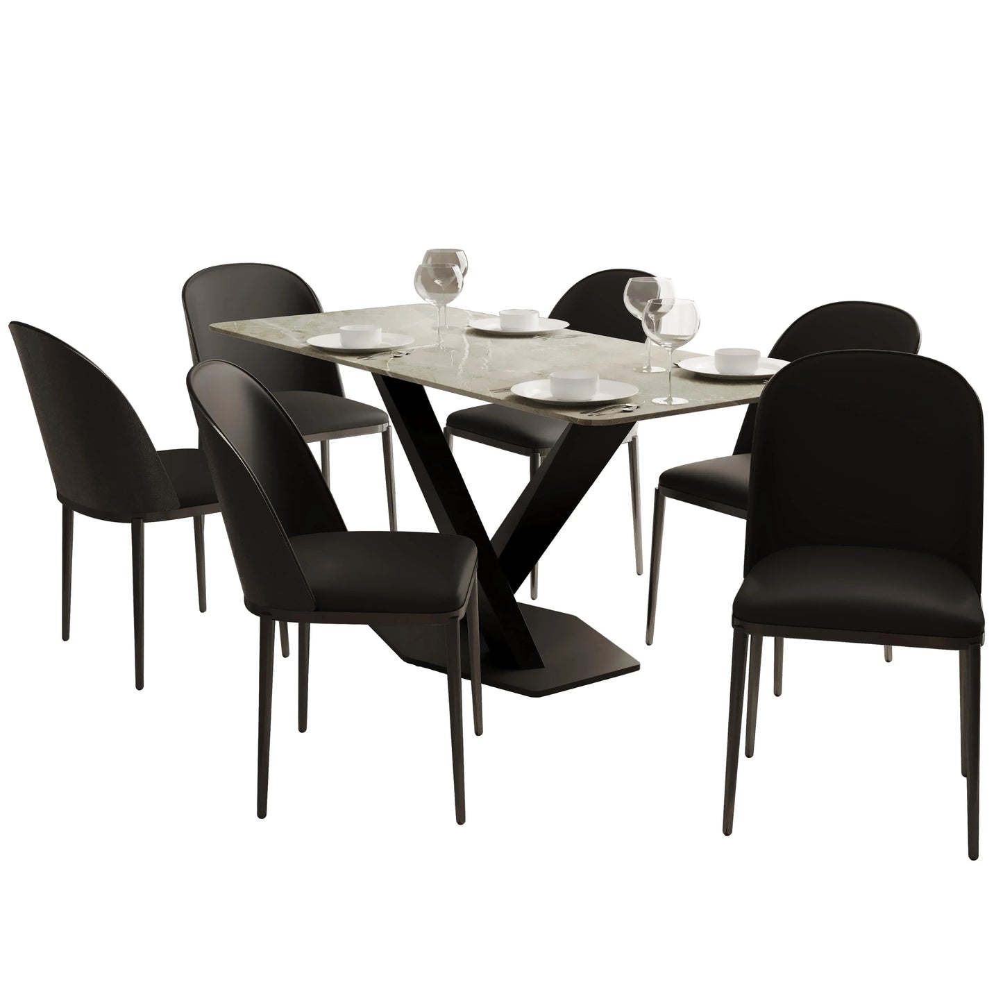 Voren 7-Piece Dining Set with 55" Rectangular Dining Table in Deep Grey Sintered Stone Top and 6 Leather/Velvet/Suede Fabric Dining Chairs - Elax Furniture