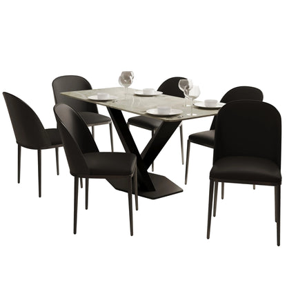 Voren 7-Piece Dining Set with 55" Rectangular Dining Table in Deep Grey Sintered Stone Top and 6 Leather/Velvet/Suede Fabric Dining Chairs - Elax Furniture