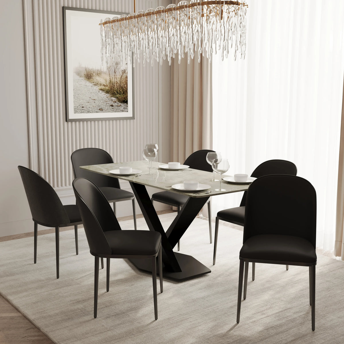 Voren 7-Piece Dining Set with 55" Rectangular Dining Table in Deep Grey Sintered Stone Top and 6 Leather/Velvet/Suede Fabric Dining Chairs - Elax Furniture