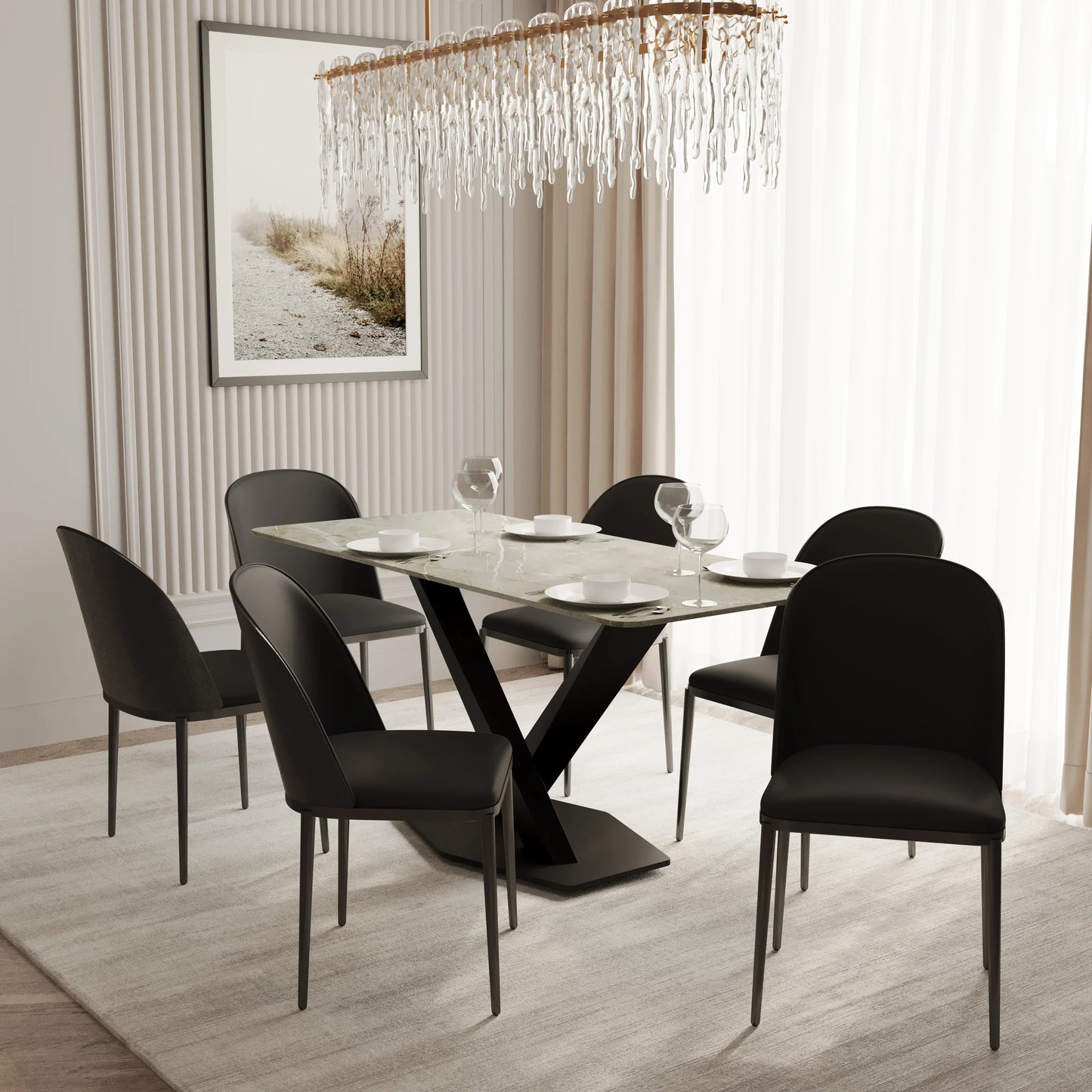 Voren 7-Piece Dining Set with 55" Rectangular Dining Table in Deep Grey Sintered Stone Top and 6 Leather/Velvet/Suede Fabric Dining Chairs - Elax Furniture