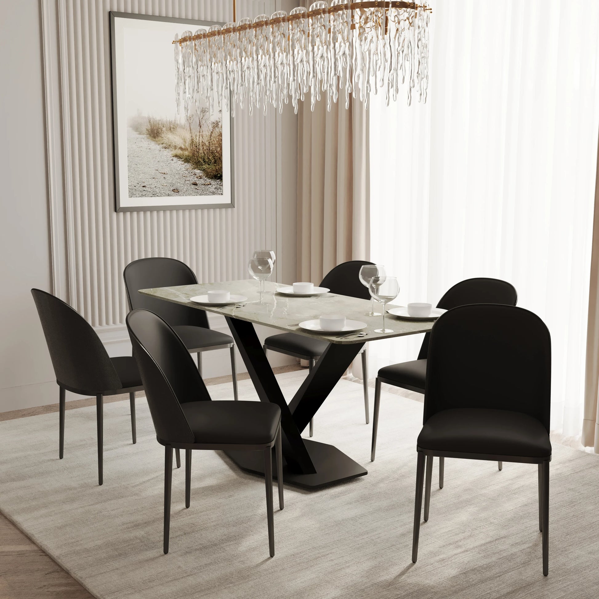 Voren 7-Piece Dining Set with 55" Rectangular Dining Table in Deep Grey Sintered Stone Top and 6 Leather/Velvet/Suede Fabric Dining Chairs - Elax Furniture