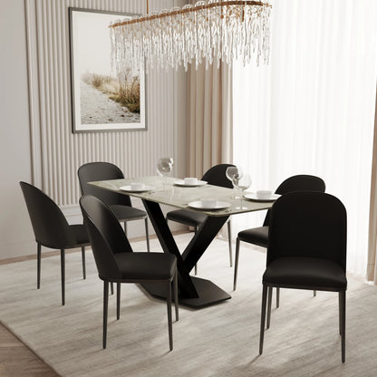 Voren 7-Piece Dining Set with 55" Rectangular Dining Table in Deep Grey Sintered Stone Top and 6 Leather/Velvet/Suede Fabric Dining Chairs - Elax Furniture
