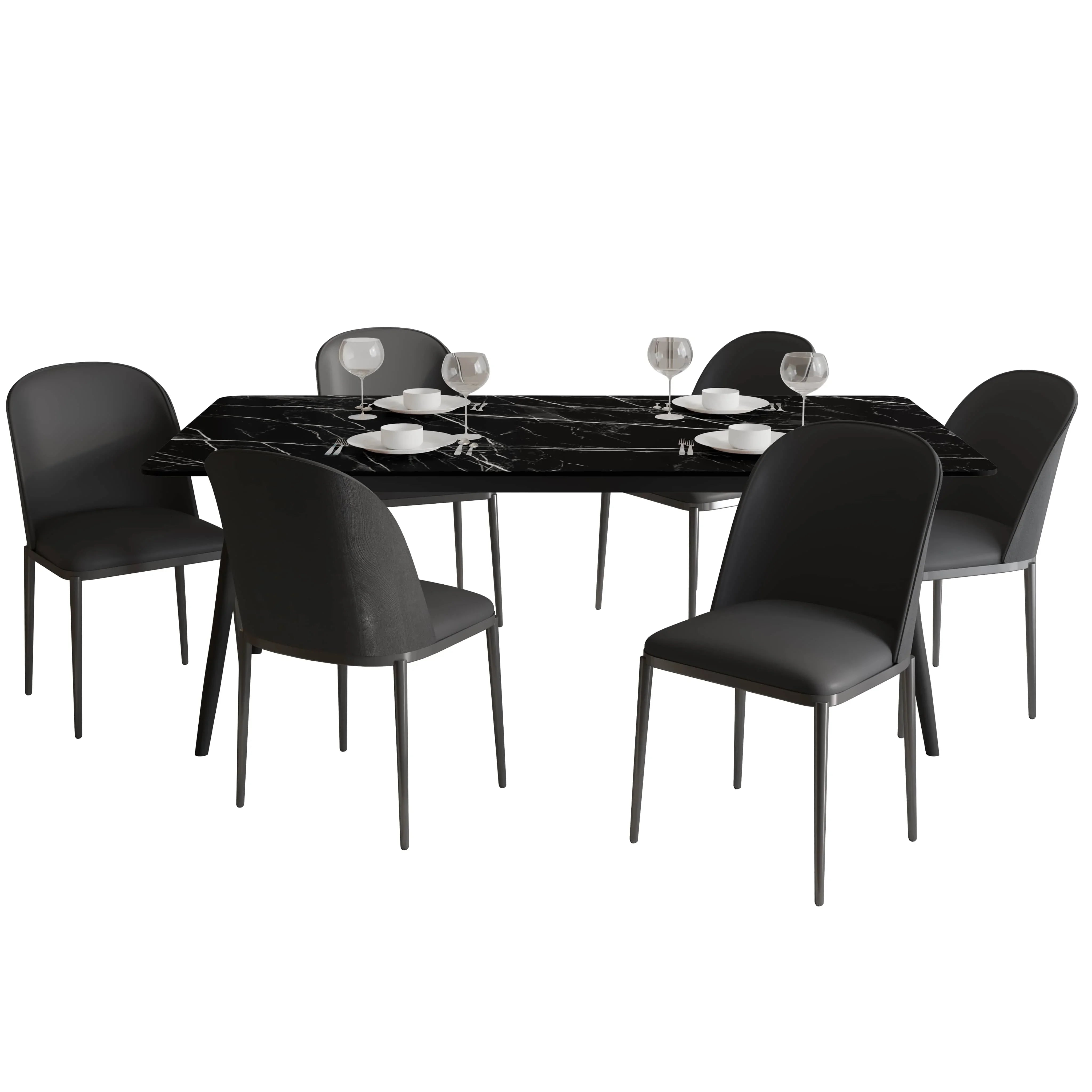 Zayle 7-Piece Dining Set with 55" Rectangular Dining Table in Black/Gold Sintered Stone Top and 6 Leather Dining Chairs - Elax Furniture