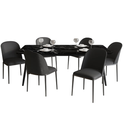 Zayle 7-Piece Dining Set with 55" Rectangular Dining Table in Black/Gold Sintered Stone Top and 6 Leather Dining Chairs - Elax Furniture