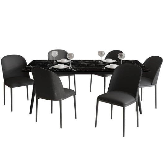 Zayle 7-Piece Dining Set with 55" Rectangular Dining Table in Black/Gold Sintered Stone Top and 6 Leather Dining Chairs - Elax Furniture