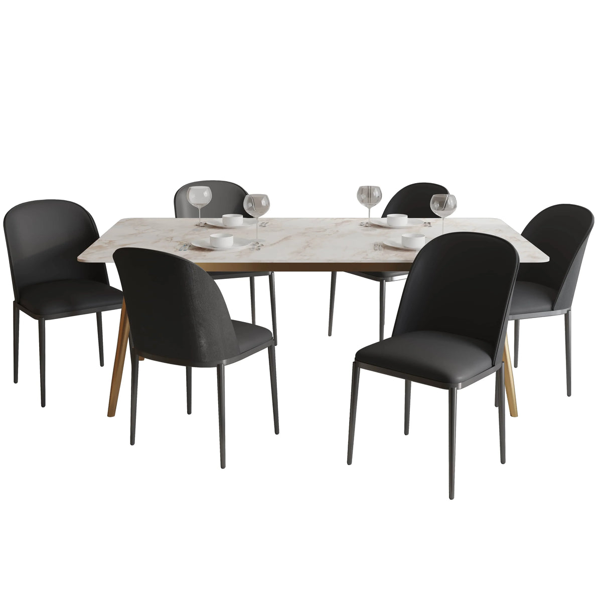 Zayle 7-Piece Dining Set with 55" Rectangular Dining Table in White Grey Sintered Stone Top and 6 Leather Dining Chairs - Elax Furniture