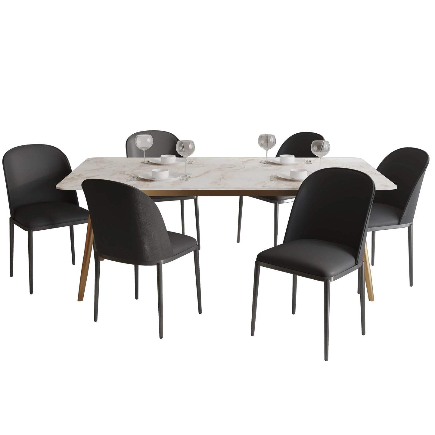 Zayle 7-Piece Dining Set with 55" Rectangular Dining Table in White Grey Sintered Stone Top and 6 Leather Dining Chairs - Elax Furniture