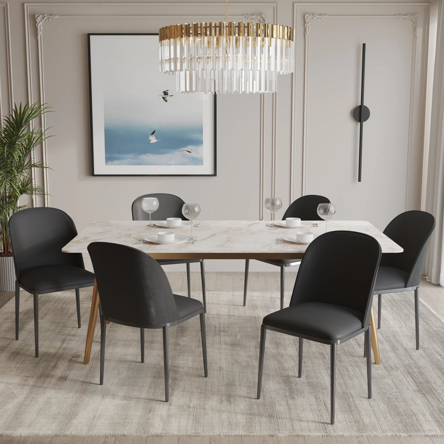 Zayle 7-Piece Dining Set with 55" Rectangular Dining Table in White Grey Sintered Stone Top and 6 Leather Dining Chairs - Elax Furniture