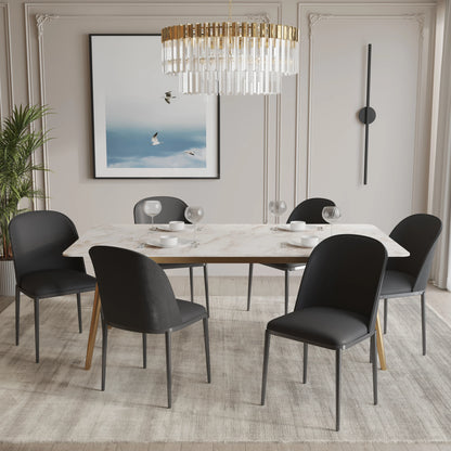 Zayle 7-Piece Dining Set with 55" Rectangular Dining Table in White Grey Sintered Stone Top and 6 Leather Dining Chairs - Elax Furniture