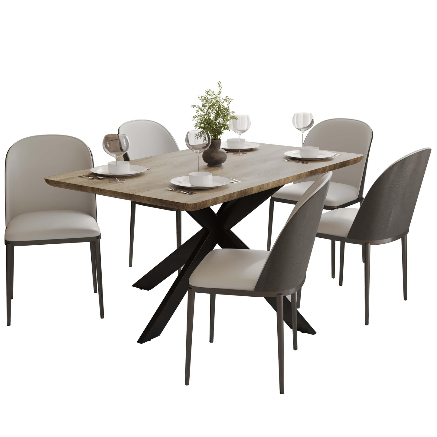 Ravenna 6-Piece Dining Set with 63" Rectangular Dining Table in Natural Wood MDF and 5 Leather/Fabric/Suede Fabric Dining Chairs - Elax Furniture