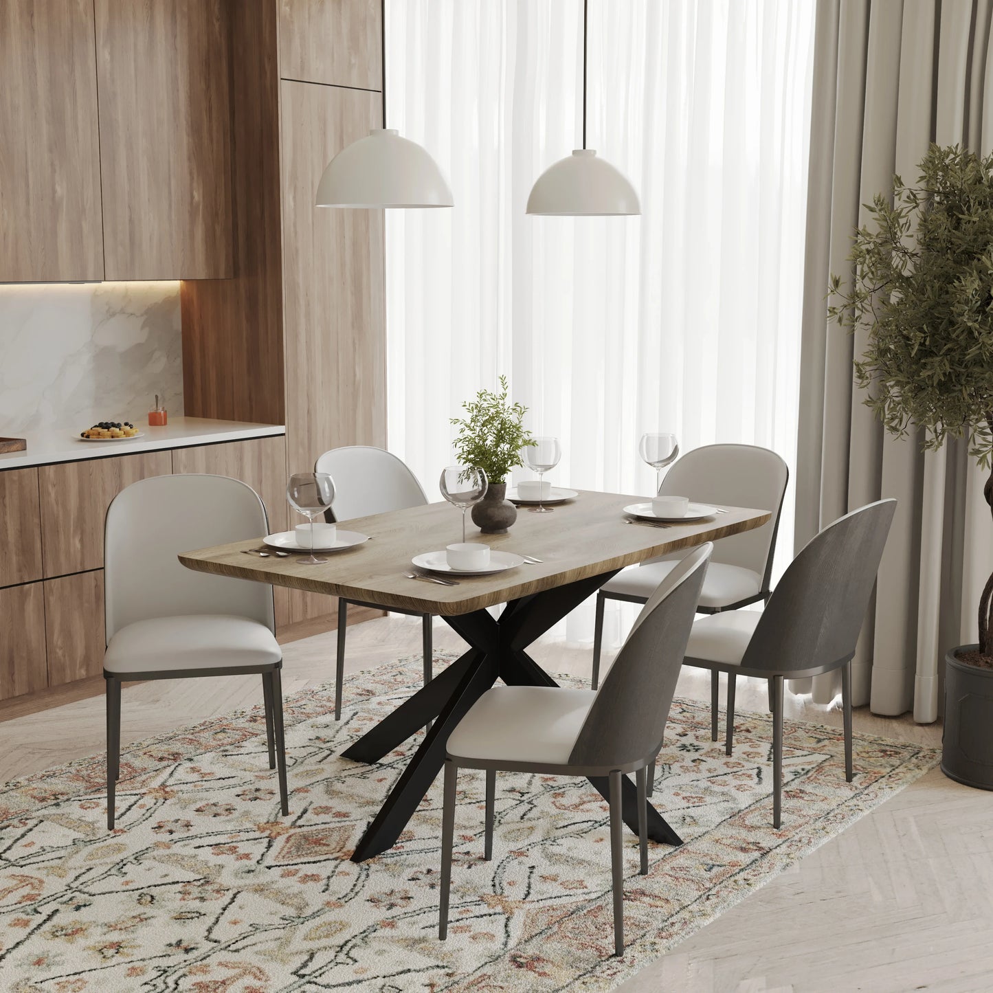 Ravenna 6-Piece Dining Set with 63" Rectangular Dining Table in Natural Wood MDF and 5 Leather/Fabric/Suede Fabric Dining Chairs - Elax Furniture