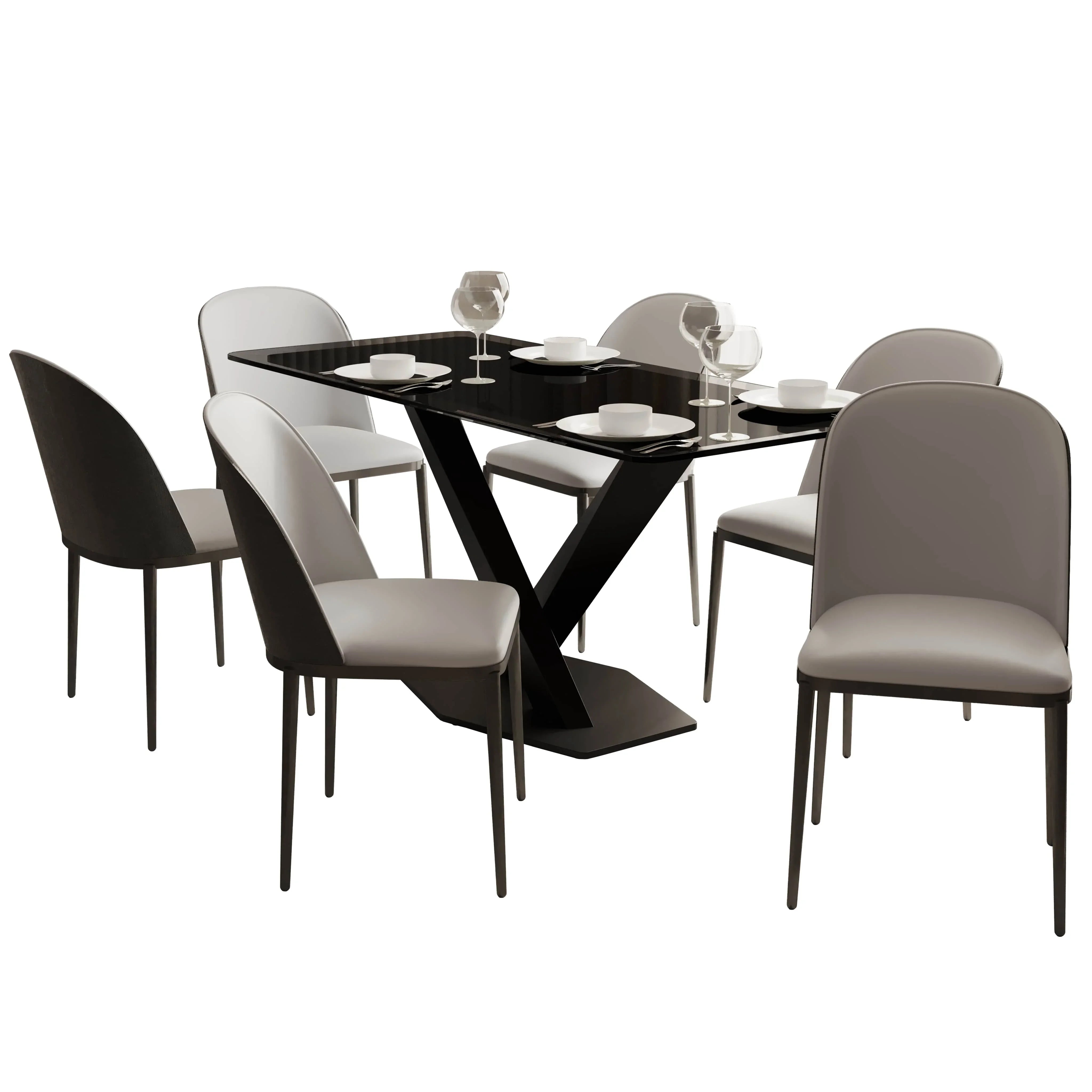 Voren 7-Piece Dining Set with 55" Rectangular Dining Table in Black Glass Top and 6 Leather/Velvet/Suede Fabric Dining Chairs - Elax Furniture