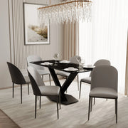 Voren 7-Piece Dining Set with 55" Rectangular Dining Table in Black Glass Top and 6 Leather/Velvet/Suede Fabric Dining Chairs - Elax Furniture