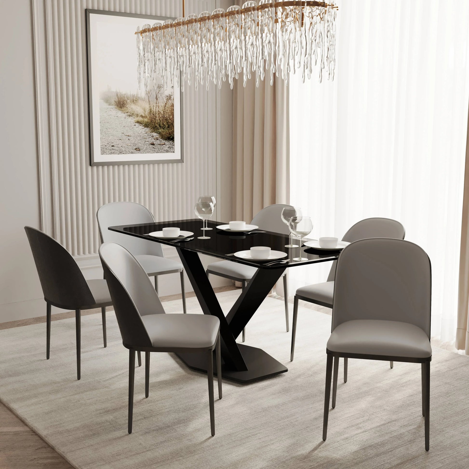 Voren 7-Piece Dining Set with 55" Rectangular Dining Table in Black Glass Top and 6 Leather/Velvet/Suede Fabric Dining Chairs - Elax Furniture