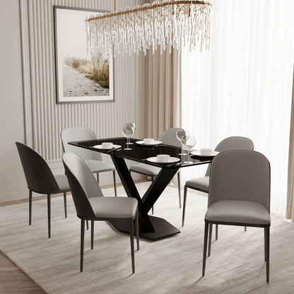 Voren 7-Piece Dining Set with 55" Rectangular Dining Table in Black Glass Top and 6 Leather/Velvet/Suede Fabric Dining Chairs - Elax Furniture