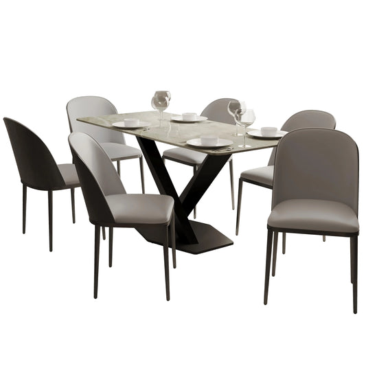 Voren 7-Piece Dining Set with 55" Rectangular Dining Table in Deep Grey Sintered Stone Top and 6 Leather/Velvet/Suede Fabric Dining Chairs - Elax Furniture