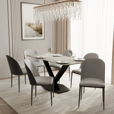 Voren 7-Piece Dining Set with 55" Rectangular Dining Table in Deep Grey Sintered Stone Top and 6 Leather/Velvet/Suede Fabric Dining Chairs - Elax Furniture