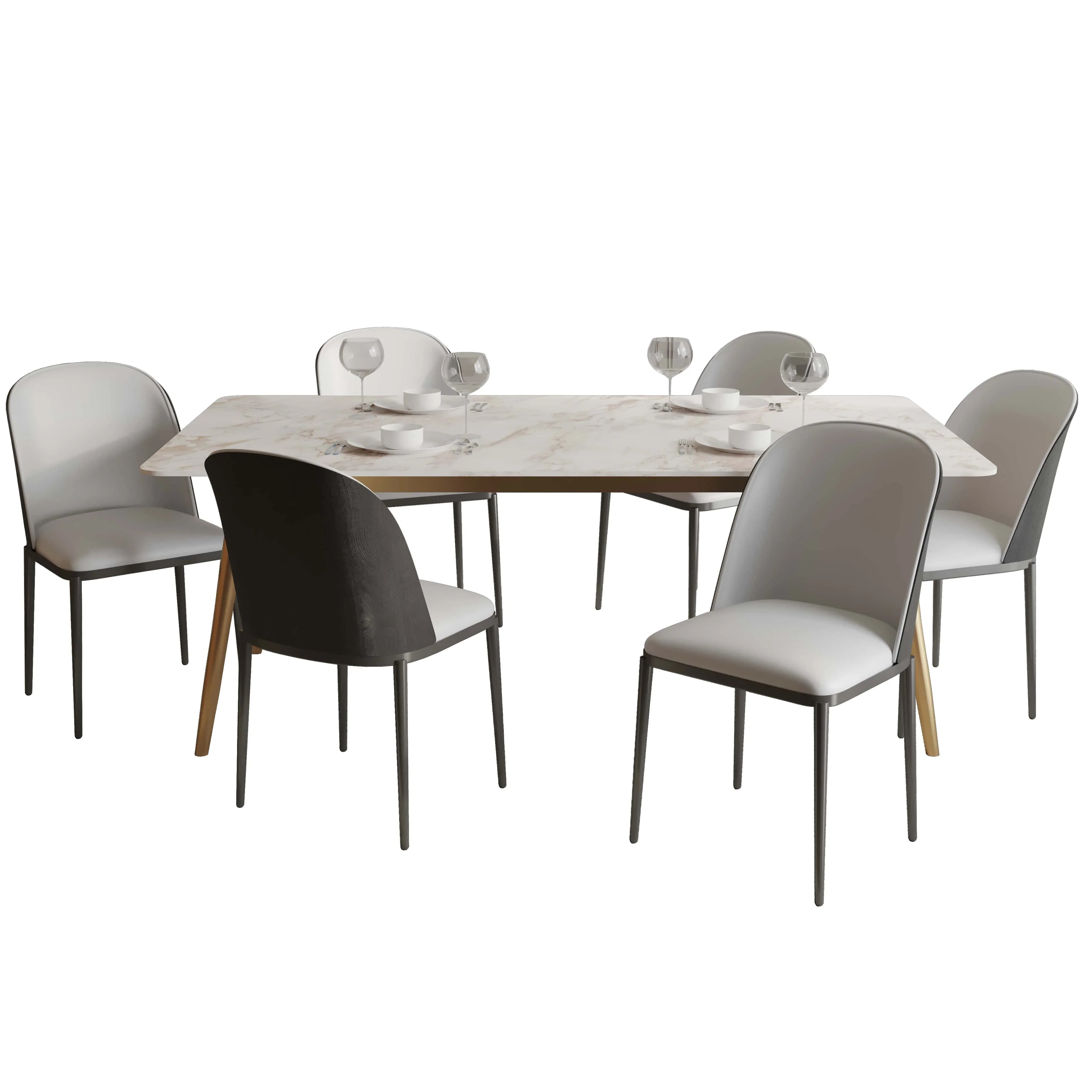 Zayle 7-Piece Dining Set with 55" Rectangular Dining Table in White Grey Sintered Stone Top and 6 Leather Dining Chairs - Elax Furniture