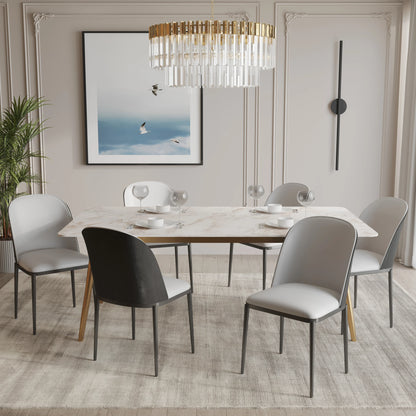 Zayle 7-Piece Dining Set with 55" Rectangular Dining Table in White Grey Sintered Stone Top and 6 Leather Dining Chairs - Elax Furniture