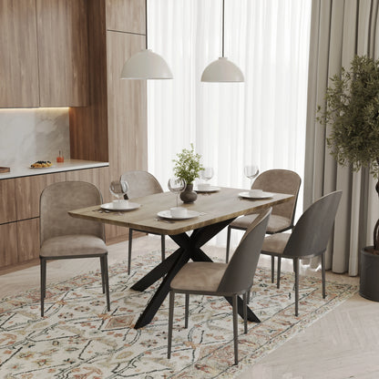 Ravenna 6-Piece Dining Set with 63" Rectangular Dining Table in Natural Wood MDF and 5 Leather/Fabric/Suede Fabric Dining Chairs - Elax Furniture