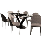 Voren 7-Piece Dining Set with 55" Rectangular Dining Table in Black Glass Top and 6 Leather/Velvet/Suede Fabric Dining Chairs - Elax Furniture