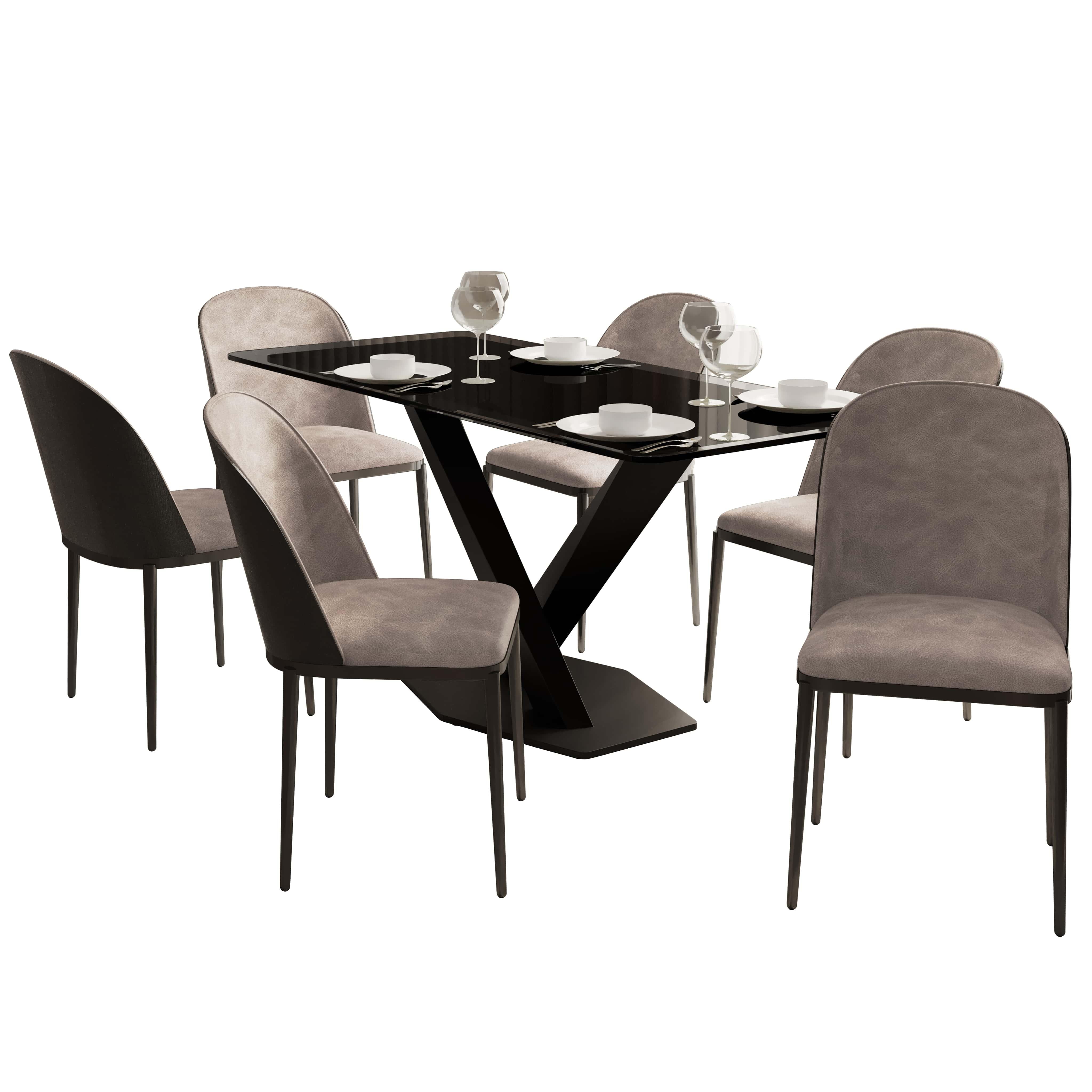 Voren 7-Piece Dining Set with 55" Rectangular Dining Table in Black Glass Top and 6 Leather/Velvet/Suede Fabric Dining Chairs - Elax Furniture